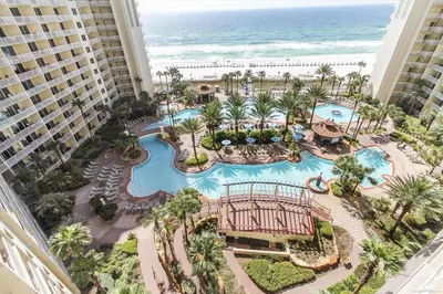 an aerial view of a resort with the beach at Shores of Panama 521 - 2 Bedroom Bunks Sleeps 6, Reserved Parking! condo in Panama City Beach