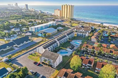 an aerial view of a city and the ocean at FullyRenovated 1 min walk2 beach.5min to peir park in Panama City Beach