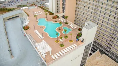 an aerial view of a pool at a resort at Laketown Wharf #1612 by Nautical Properties in Panama City Beach