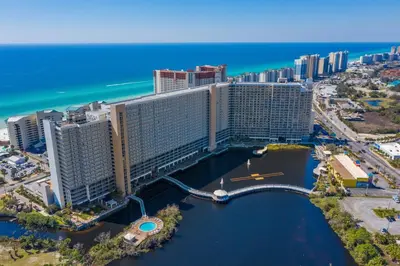 an aerial view of a resort near the ocean at Laketown Wharf #0109 in Panama City Beach