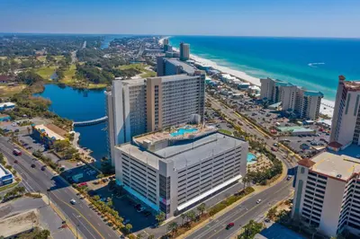 an aerial view of a city and the ocean at Laketown Wharf #1209 in Panama City Beach