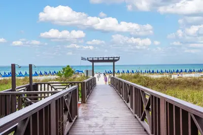 a boardwalk leading to the beach with people walking on it at Shores Of Panama #0220 in Panama City Beach