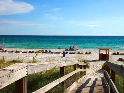 a wooden pathway to the beach with the ocean at Ocean Reef 604 in Panama City Beach