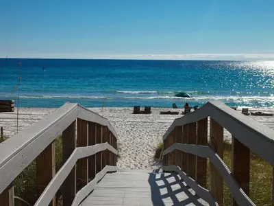 a wooden path to the beach with the ocean at Ocean Reef 1401 in Panama City Beach