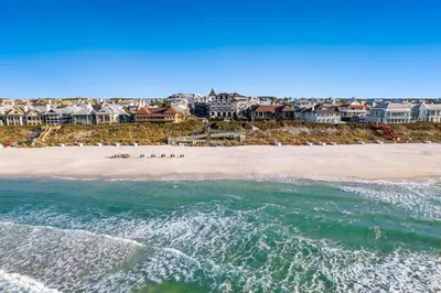an aerial view of a beach with houses at 6 Barrett Place by 30A Escapes in Rosemary Beach