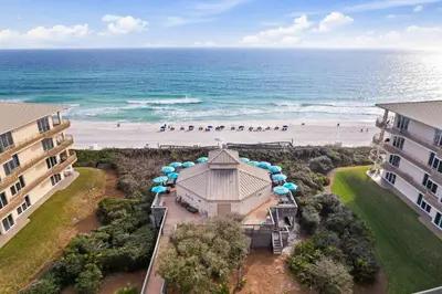 an aerial view of the beach and the ocean at HP 16E Beach Treat by 30A Escapes in Rosemary Beach