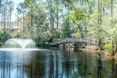a fountain in the middle of a pond with a bridge at Cassine Gardens 189 in Santa Rosa Beach
