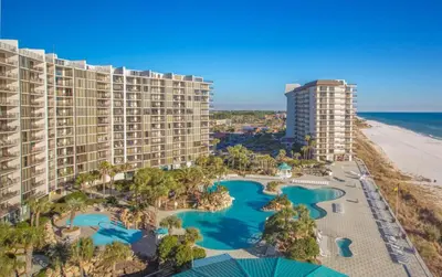 an aerial view of a resort and the beach at Edgewater Villa 2708 'Lost Shaker of Salt' in Panama City Beach