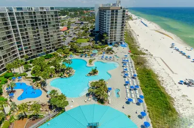 an aerial view of the resort and the beach at Edgewater 3-0814 'Pelican Watch' in Panama City Beach