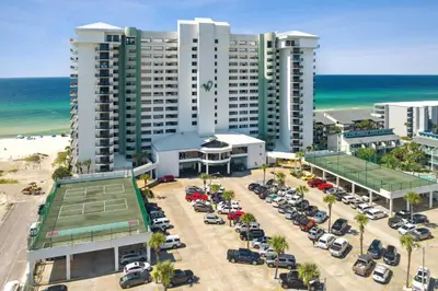 an aerial view of a hotel with a parking lot at Watercrest 906 | Sand, Sea & Serenity in Panama City Beach