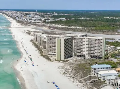 an aerial view of a beach with condos at Pinnacle Port A-305 in Panama City Beach
