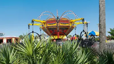 a carnival ride at a theme park with a palm tree at Vintage Waves in Laguna Beach