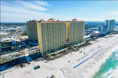 an aerial view of a hotel and the beach at Calypso 206W Low Floor West Tower No elevators needed in Panama City Beach