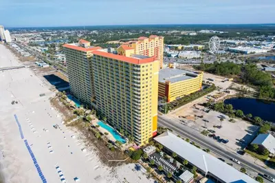 an aerial view of a hotel and the beach at Calypso 206W Low Floor West Tower No elevators needed in Panama City Beach
