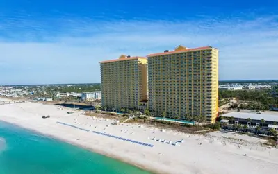 an aerial view of a hotel on the beach at Calypso 209E 2nd floor Corner Unit 2 BR direct beach front in Panama City Beach