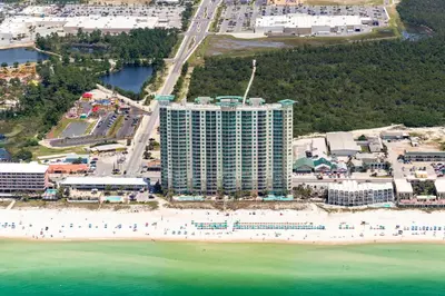 an aerial view of a hotel and the beach at Aqua Resort 1111 by Emerald Coast Retreats in Panama City Beach