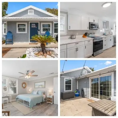 a collage of four pictures of a kitchen and a house at 13900 Millcole Ave - Beachy Bungalow - Sleeps 10 in Panama City Beach