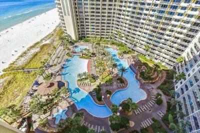 an aerial view of a resort with a water park at Shores of Panama 2325 condo in Panama City Beach