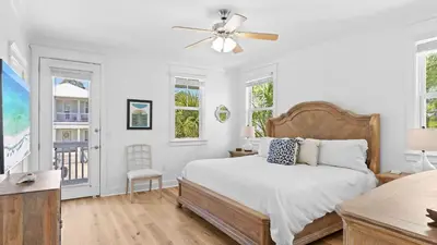 a white bedroom with a bed and a ceiling fan at Near Inlet Beach AccessLake Powell Pool Patio Lounge GDay 30A by AvantStay in Inlet Beach