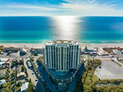 an aerial view of a hotel near the ocean at Origin 0508 - One Bedroom - Pool and Gulf Views! by Beach Haven Vacation Rentals in Panama City Beach