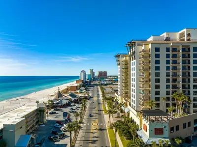 an aerial view of the beach and buildings at Origin 1320 - Studio King Gulf View- Amazing Gulf View by Beach Haven Vacation Rentals in Panama City Beach