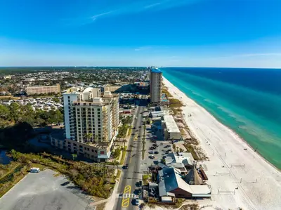 an aerial view of the beach and the ocean at Origin 0705 - Studio King Gulf View- Stunning Sunset Views by Beach Haven Vacation Rentals in Panama City Beach