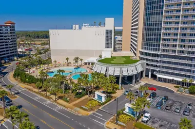 an aerial view of a city with tall buildings at Laketown Wharf #1919 in Panama City Beach