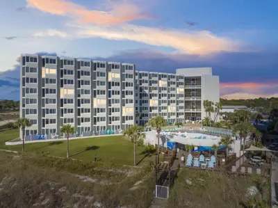 an aerial view of a hotel with a resort at Renovated Beach Front Condo - Top of the Gulf 302 in Panama City Beach