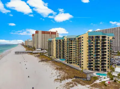 an aerial view of the beach and hotels at Renovated Penthouse! Free Beach Chairs Included! by Dolce Vita Getaways PCB in Panama City Beach