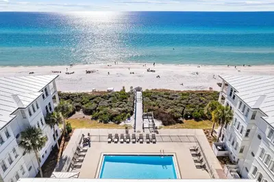 an aerial view of the beach from a hotel at Tram-on-Time Main House by 30A Escapes in Rosemary Beach