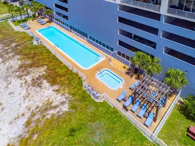 an overhead view of the pool at the resort at Blue Horizon at Ocean Reef in Panama City Beach