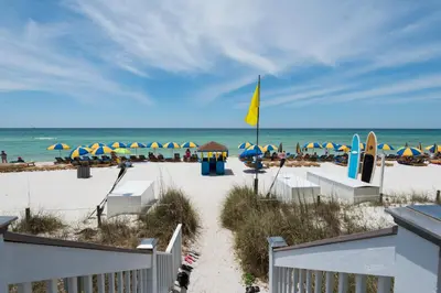 a beach with umbrellas and the ocean at Sterling Breeze 307 by Emerald Coast Retreats in Panama City Beach