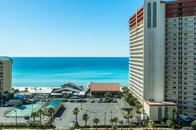an aerial view of a building and a parking lot at Laketown Wharf 2031 in Panama City Beach