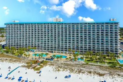 an aerial view of a resort with a beach at Summit 807 Beach Resort - Amazing Balcony Views in Panama City Beach
