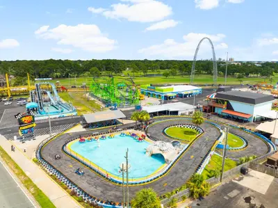 an aerial view of an amusement park with a pool at Pet Friendly Beach House - Tropic Like It's Hot in Panama City Beach