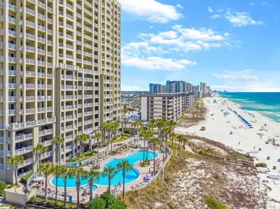 an aerial view of a hotel and the beach at Grand Panama Beach Resort by Panhandle Getaways in Panama City Beach