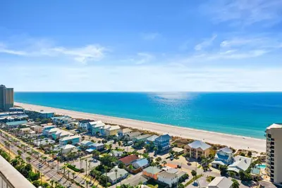 an aerial view of a beach and the ocean at Laketown Wharf Remodeled Gulf View Retreat! 3BR Resort Condo with Huge Balcony in Panama City Beach