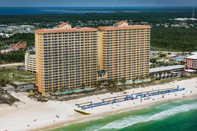 an aerial view of a hotel on a beach at Calypso 2-1902 West in Panama City Beach