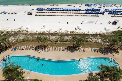 an overhead view of a pool and a beach at Calypso 1-203 East in Panama City Beach