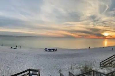 a group of horses on the beach at sunset at Ocean Air Upper West Private Beach Unit on 30A in Santa Rosa Beach