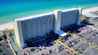 an overhead view of a large building on a beach at Summit Beach Resort 1230 in Panama City Beach