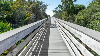 a wooden bridge over a forest with trees at Beachwood Villas 1D in Santa Rosa Beach