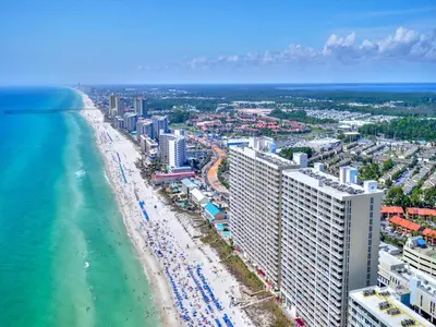 an aerial view of the beach and the ocean at Majestic Beach Towers I #1505 in Panama City Beach