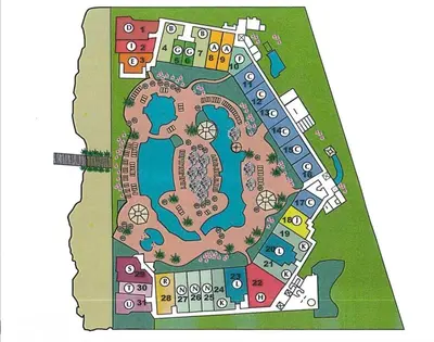a plan of a resort with a pond at Shores of Panama 1506, Perfect for a Great Couples Getaway! Free Fun! Reserved Parking condo in Panama City Beach