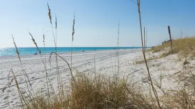 a sandy beach with people in the water at Across Street from Beach - Close to Pier Park - Sleeps 6! in Panama City Beach