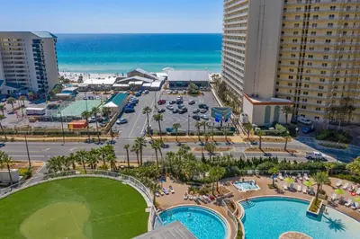 an aerial view of a resort with two pools at Laketown Wharf #1825 in Panama City Beach