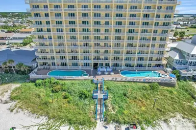 an aerial view of a large building on the beach at Seychelles 1609 in Panama City Beach